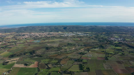 Luftaufnahme-Von-Weinbergen,-Feldern,-Frankreich,-Mittelmeer-Im-Hintergrund,-Bergen